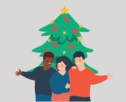 Group of best friends or couple from different ethnicities celebrating Christmas and New Year in front of a Christmas tree with decoration. Merry Christmas holidays concept. Vector illustration