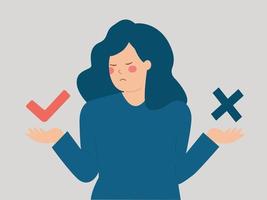 Woman showing a check mark or an approval and disapproval signal. Client reviewing a service or product and hesitating between a negative or a positive sign. Customer feedback or review concept. vector