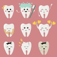 Tooth care vector set. Set of images of dental problems. Tooth pain, tooth caries, toothache. Dental care, healthy tooth.