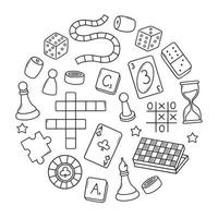 Board games doodle set. Checkers, chess, cards, backgammon in sketch style. Hand drawn vector illustration isolated on white background