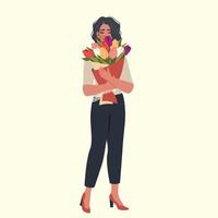 Young woman holding bunches of blooming flowers. Girl character with bouquet of tulips. Beauty, fashion face portrait. Vector flat illustration for gift, love concept, Women's day, Valentine's Day