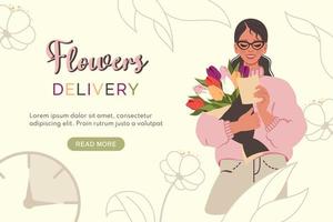 Flower delivery.Happy girl receives flower parcel, reads wishes. Young woman holding bouquet of tulips. Flowers delivery. Love, birthday, romantic concept. Vector flat illustration