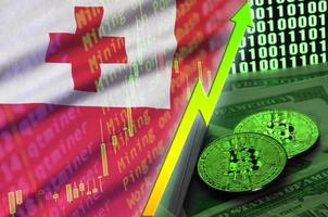 Tonga flag and cryptocurrency growing trend with two bitcoins on dollar bills and binary code display photo