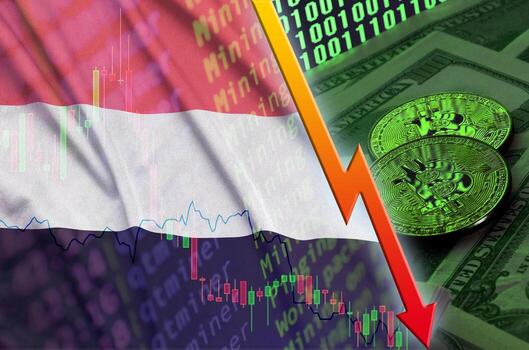 bandera de yemen y tendencia de caída de criptomonedas con dos bitcoins en billetes de dólar y visualización de código binario foto