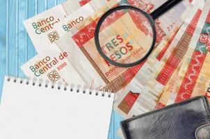 Billetes convertibles de 3 pesos cubanos y lupa con monedero negro y bloc de notas. concepto de dinero falso. busque diferencias en los detalles de los billetes de dinero para detectar falsos foto