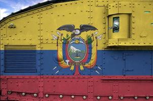 Ecuador flag depicted on side part of military armored tank closeup. Army forces conceptual background photo