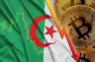 Algeria flag and cryptocurrency falling trend with many golden bitcoins photo