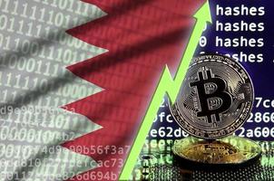 Bahrain flag and rising green arrow on bitcoin mining screen and two physical golden bitcoins photo