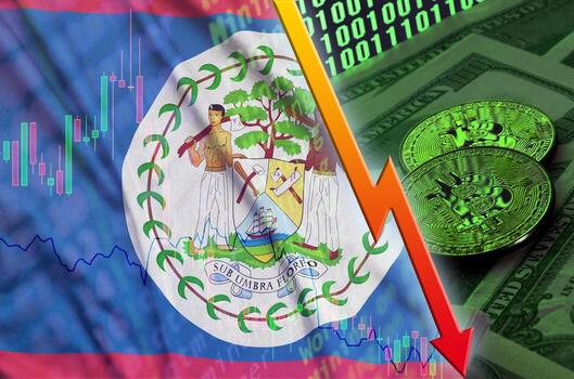 bandera de belice y tendencia de caída de criptomonedas con dos bitcoins en billetes de dólar y visualización de código binario foto