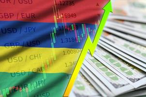 Mauritius flag and chart growing US dollar position with a fan of dollar bills photo