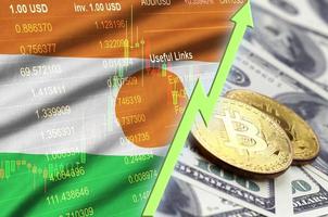 Niger flag and cryptocurrency growing trend with two bitcoins on dollar bills photo