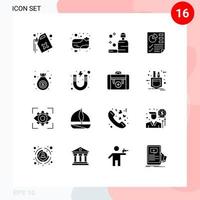 16 User Interface Solid Glyph Pack of modern Signs and Symbols of finance report care page data Editable Vector Design Elements