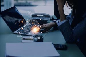 man wearing VR glasses and accessing the Technology Internet, multimedia, Storage Network connection Concept And a large database big data Through internet technology. E-learning, online study. photo