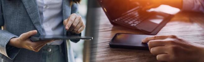 Businessman and team analyzing financial statement Finance task. with smart phone and laptop and tablet. Wealth management concept photo