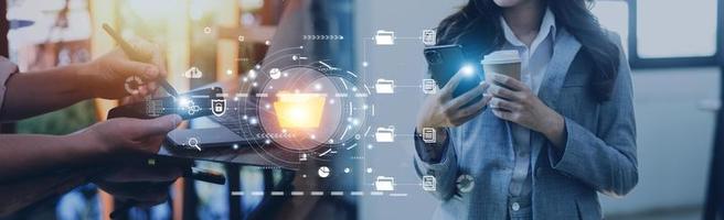 Document management system concept, Businessman signs electronic documents on digital documents, searching and managing files online document database, for efficient archiving and company data photo