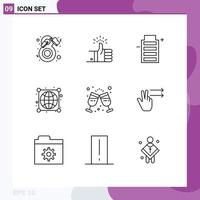 Group of 9 Modern Outlines Set for connections globe review earth energy Editable Vector Design Elements