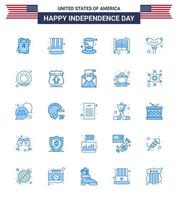 Pack of 25 USA Independence Day Celebration Blues Signs and 4th July Symbols such as nutrition donut doors sausage food Editable USA Day Vector Design Elements