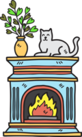 Hand Drawn Vintage fireplace with cats and plant pots illustration png