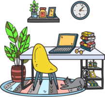 Hand Drawn Office desk with plants and wall clock interior room illustration png