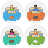 People working on laptop in bed line icon set. vector