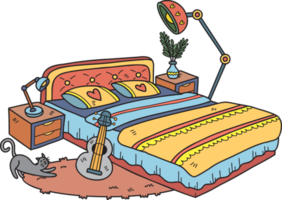 Hand Drawn Bed with lamp and guitar interior room illustration png