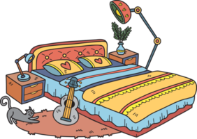 hand- getrokken bed met lamp en gitaar interieur kamer illustratie png