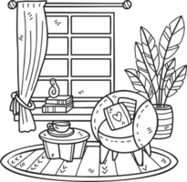 Hand Drawn armchair with plants and window interior room illustration png