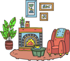 Hand Drawn Fireplace with plants and sofa interior room illustration png