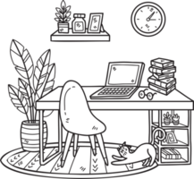 Hand Drawn Office desk with plants and wall clock interior room illustration png