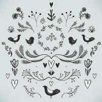 vector floral decor set of hand drawn doodle dividers, borders, birds and flowers. Isolated. Vintage style