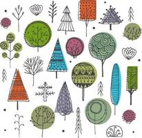 Vector set of hand drawn trees, bushes, plants decorated with patterns. Doodle set