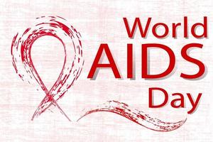 Red ribbon and inscription world aids day in grunge style on pink canvas. Vector image