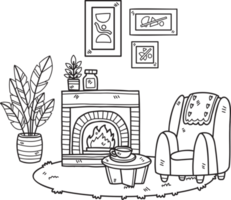 chimenea dibujada a mano con plantas y sofá ilustración de la habitación interior png