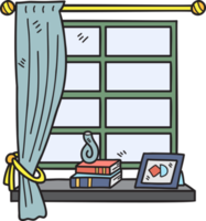Hand Drawn Window with curtains and picture frames illustration png