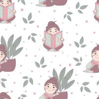 Seamless children's pattern with a cute cartoon doodle girl in a voluminous ugly hygge sweater with a bun on her head hugs a pot with a house plant and reads a book in a lotus position vector