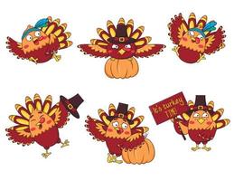 Bundle of cartoon funny turkeys in different poses wearing a pilgrim's hat and headband of an Indian with feathers with pumpkins and a wooden sign vector