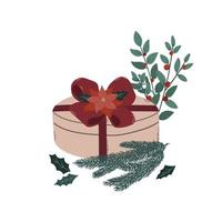 Christmas gift in the form of a round box with a red bow, fir branches, branches with red berries and a poinsettia flower. Isolated color flat vector illustration. For greeting card, poster, print