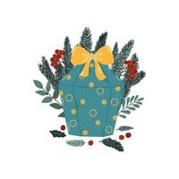 Christmas gift in the form of a blue box with a yellow bow, fir branches and with rowan berries. Isolated color flat vector illustration. For greeting card, poster, print