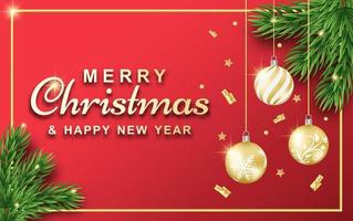 Merry Christmas and Happy New Year banner, Realistic banner with ball ornament vector template