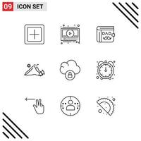 Group of 9 Modern Outlines Set for cloud nature wallet hill mountain Editable Vector Design Elements