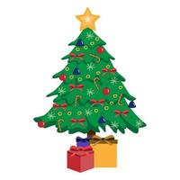 Christmas tree with toys and bows on a white background. Vector cartoon illustration