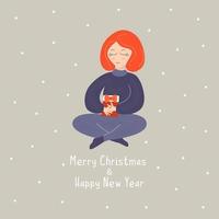 Girl sits with a gift in hands. Christmas card vector cartoon