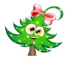 Funny cute smiling fir tree girl character with red bow and Christmas lights vector