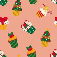 Seamless pattern with Christmas cupcakes. Design for fabric, textile, wallpaper, packaging, wrapping paper. vector