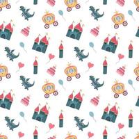 Seamless pattern with castle and dragon. Design for fabric, textile, wallpaper, packaging. vector