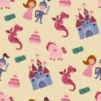 Seamless pattern with princess, prince, castle, dragon and unicorn. Design for fabric, textile, wallpaper, packaging. vector