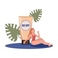 A girl in a swimsuit sits next to sunscreen. vector illustration