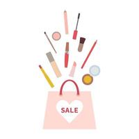 Paper shopping bag with decorative cosmetics. vector illustration