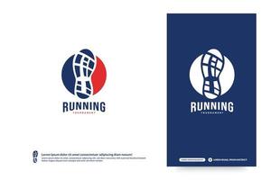 Running club logo with shoe print design template, Marathon tournament logptype, Sport team identity. Fitness, athlete training for life symbol, Creative lettering logo design vector