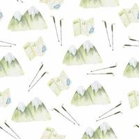 seamless pattern for hiking in the mountains. Seamless vector watercolor pattern. Equipment for mountain hikes. Mountains, tourist map, Nordic walking sticks, hiking equipment